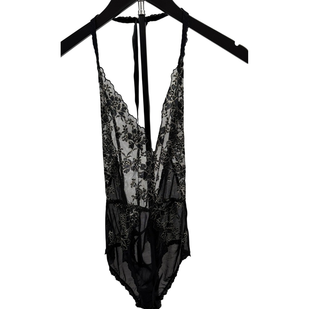 Hanky Panky Black Floral Lace Sheer Halter‎ Bodysuit Plunging Teddy Gold Clasp